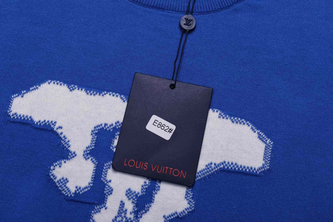 Blue T-shirt with white graphic print and Louis Vuitton hang tag