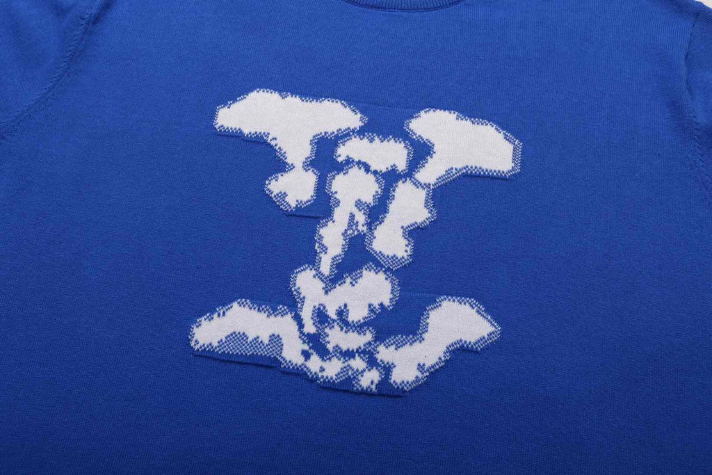 Blue T-shirt with close-up white graphic print