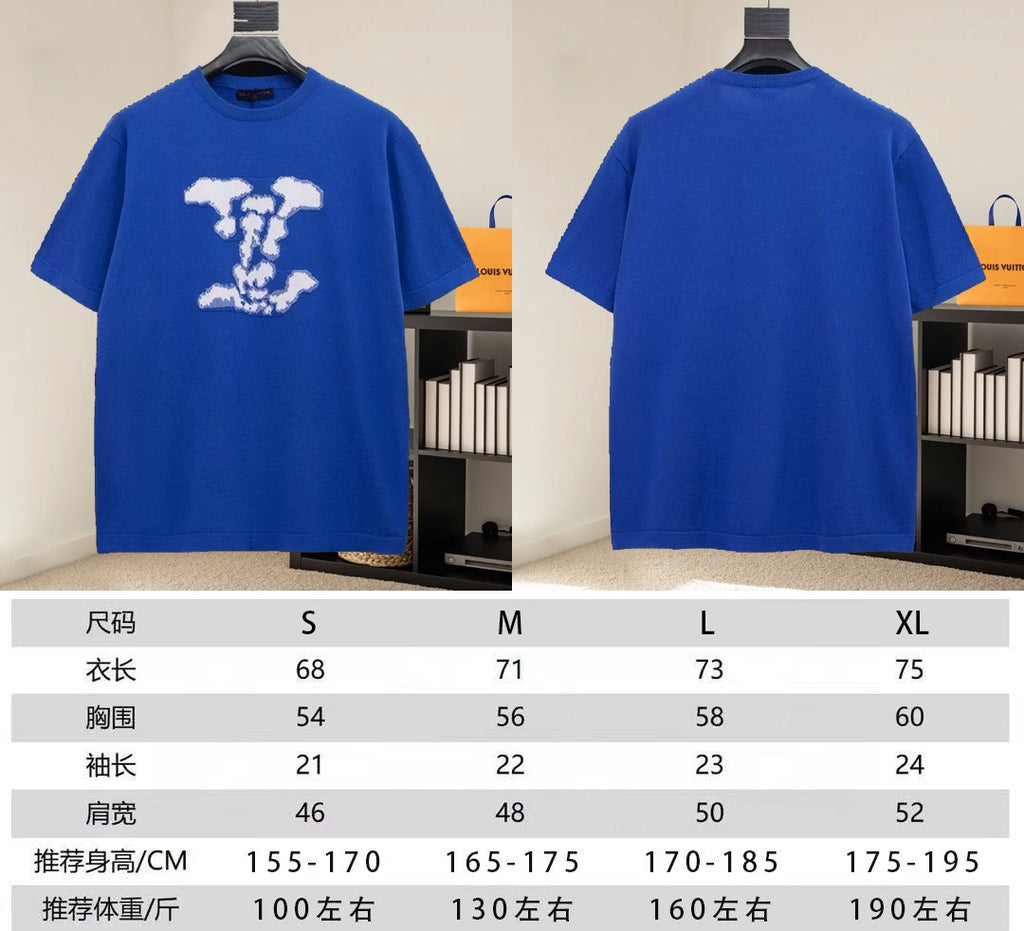 Blue crewneck T-shirt front and back with size chart overlay