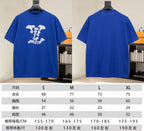 Blue crewneck T-shirt front and back with size chart overlay