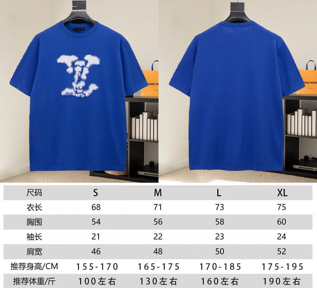 Blue crewneck T-shirt front and back with size chart overlay