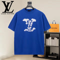Blue short-sleeve crewneck T-shirt with white graphic print on chest