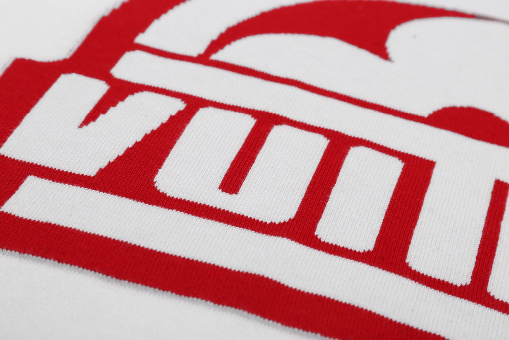 Louis Vuitton T-shirt close-up of red logo and white lettering