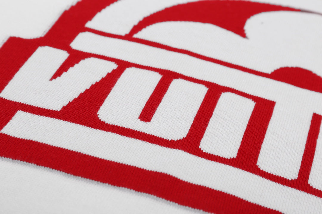Louis Vuitton T-shirt close-up of red logo and white lettering