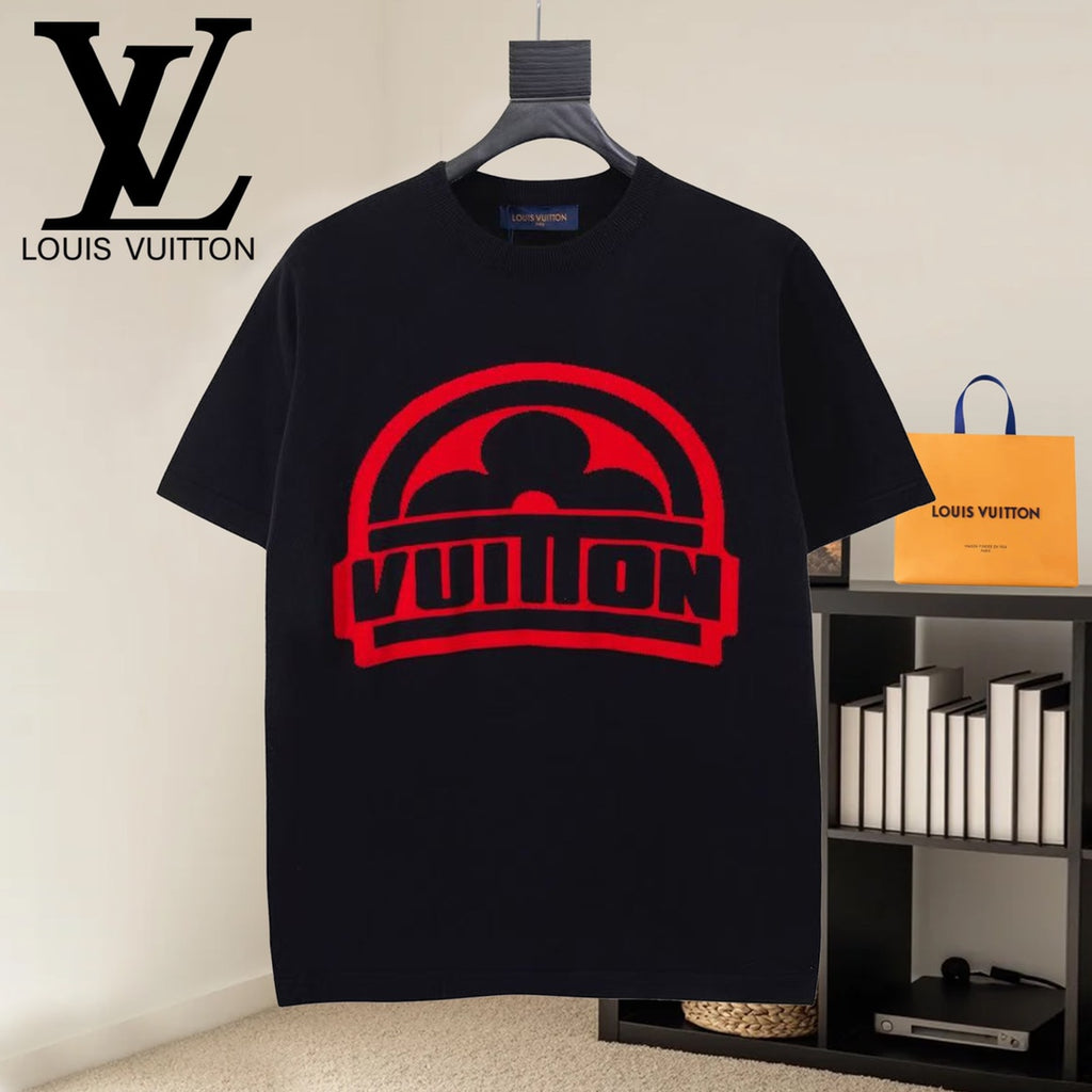 Black T-shirt with red graphic logo on chest