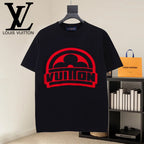 Black T-shirt with red graphic logo on chest