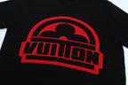 Black T-shirt with red logo graphic centered on chest