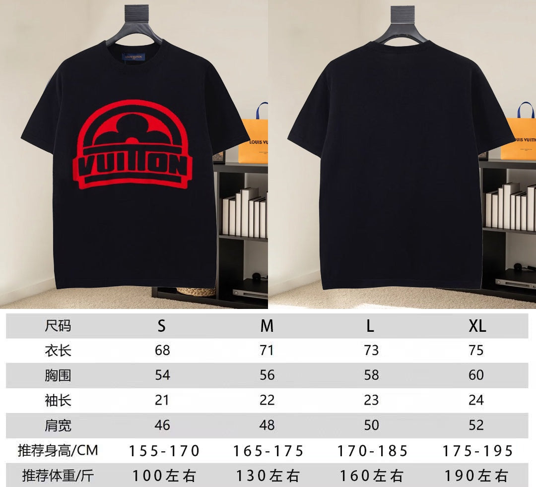 Black T-shirt front with red logo and plain back view, size chart shown