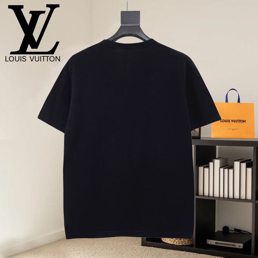 Black short-sleeve T-shirt back view on hanger