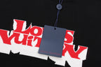 Louis Vuitton black T-shirt close-up of front logo with hang tag