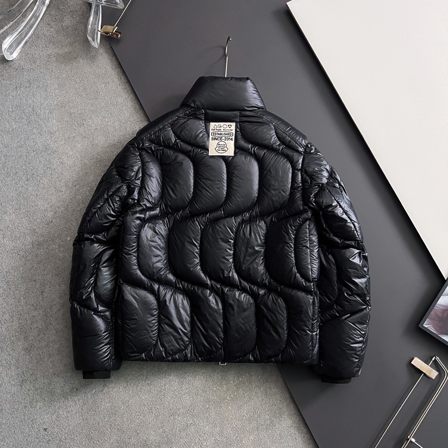 Moncler long puffer jacket, black with quilted pattern and back hangtag