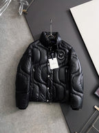 Moncler long puffer jacket, black with button front and logo patch