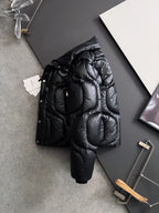 Moncler long puffer jacket set, black with side zipper detail and hangtag
