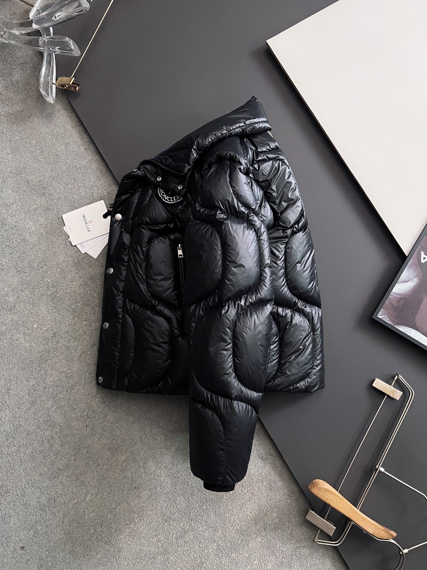Moncler long puffer jacket set, black with side zipper detail and hangtag