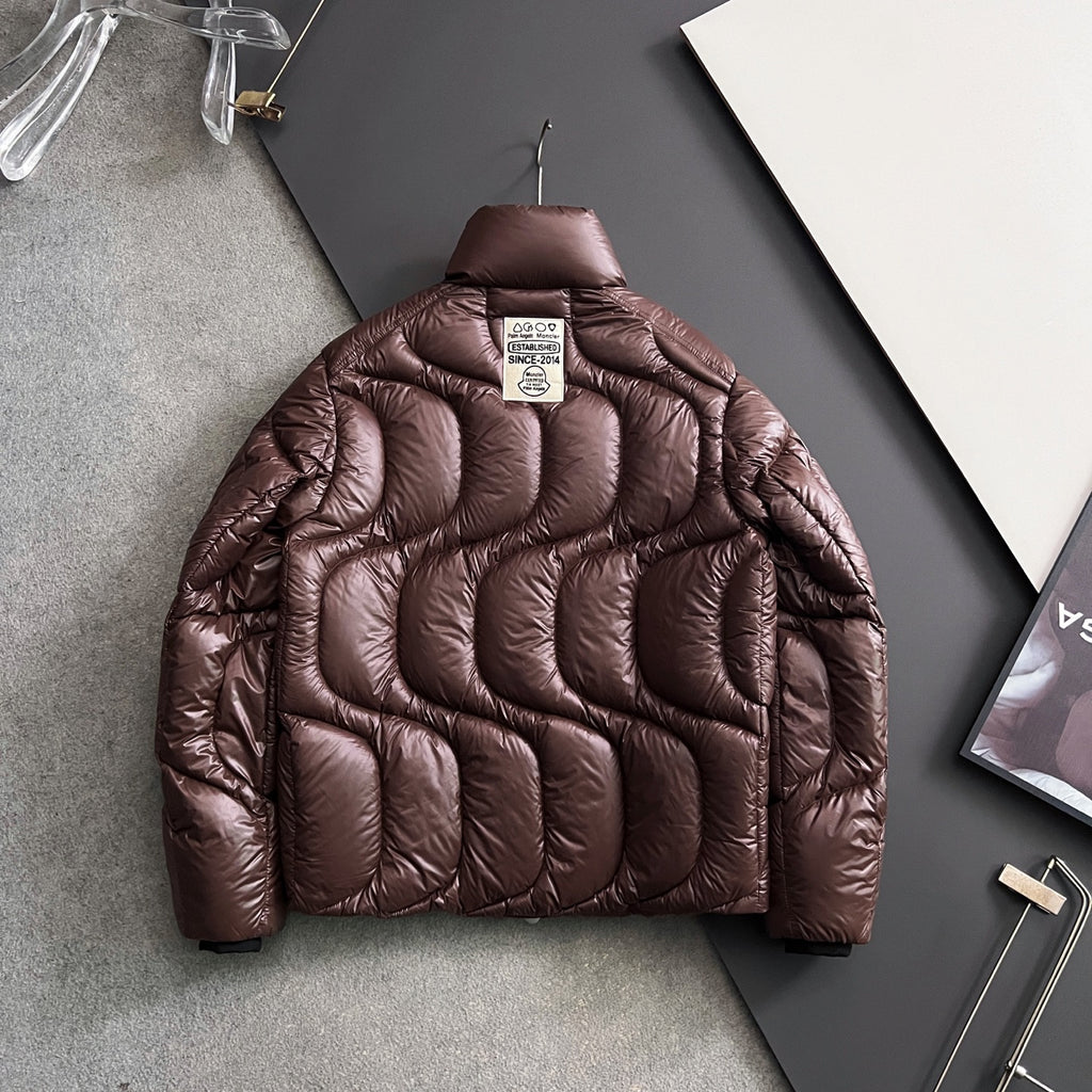 Moncler long puffer jacket in dark brown, quilted back, central hang tag, full zip