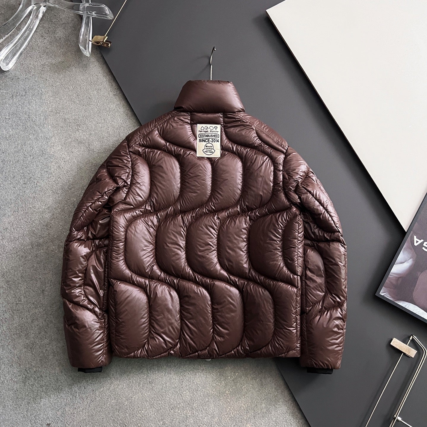 Moncler long puffer jacket in dark brown, quilted back, central hang tag, full zip