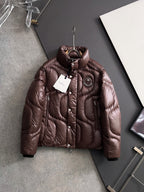 Moncler long puffer jacket in dark brown, full zip, stand collar, snap buttons
