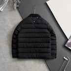 Prada long black puffer jacket back view with horizontal quilting