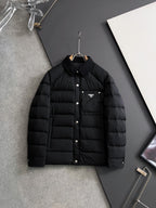 Prada long black puffer jacket with stand collar and front buttons, chest triangle logo