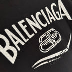 Black Balenciaga logo T-shirt close-up of large Balenciaga print and emblem