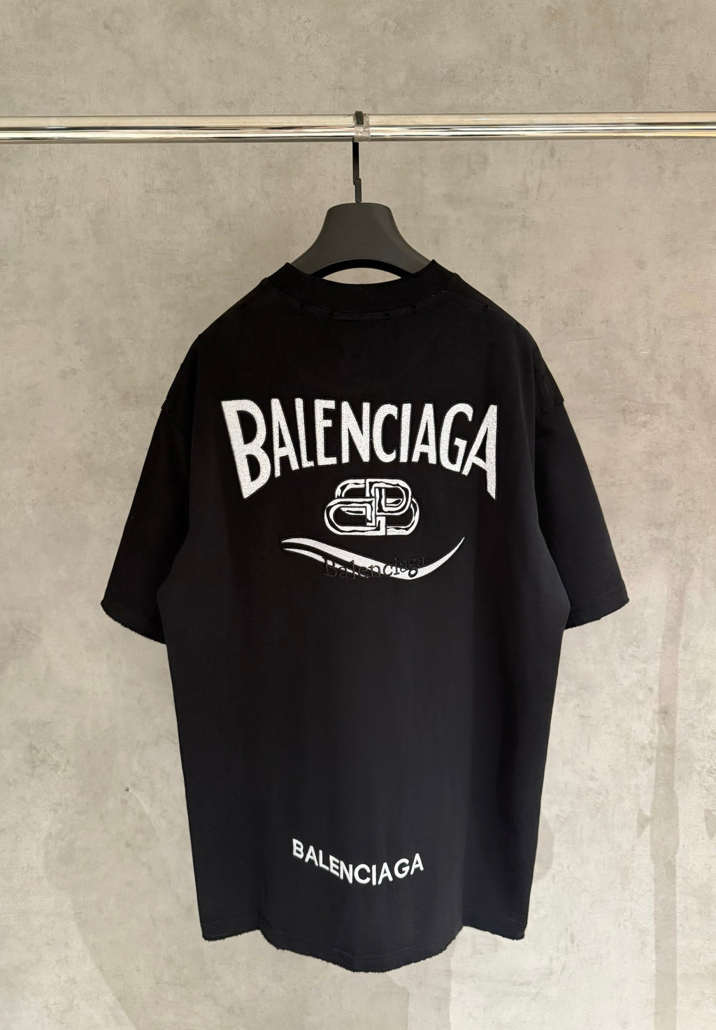 Black Balenciaga logo T-shirt with large back text and emblem