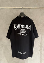 Black Balenciaga logo T-shirt with large back text and emblem