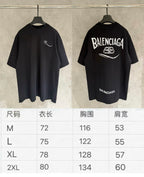 Black Balenciaga logo T-shirt shown with size chart for M to 2XL