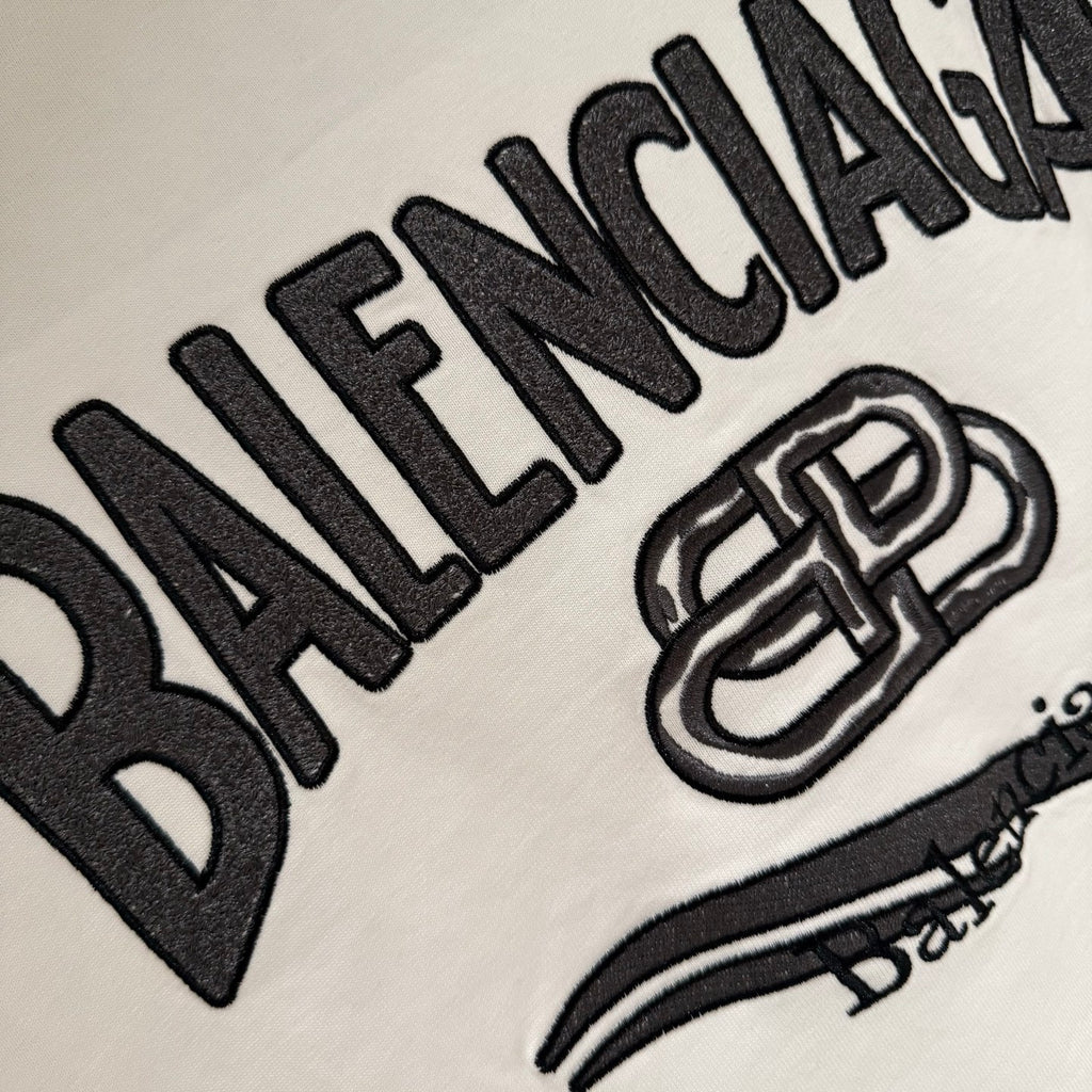 Balenciaga short-sleeve T-shirt, white, graphic logo and lettering close-up
