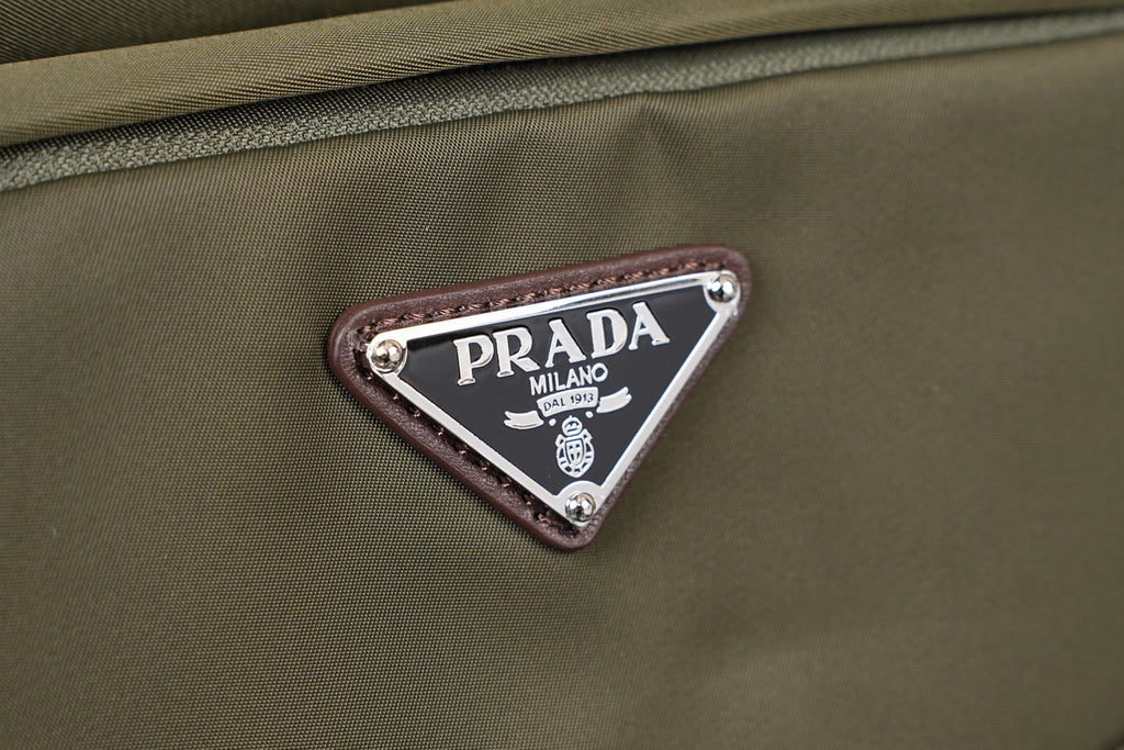 Prada Milano logo patch on olive fabric backpack