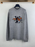 Grey long-sleeve knit sweater with large LV-style front graphic