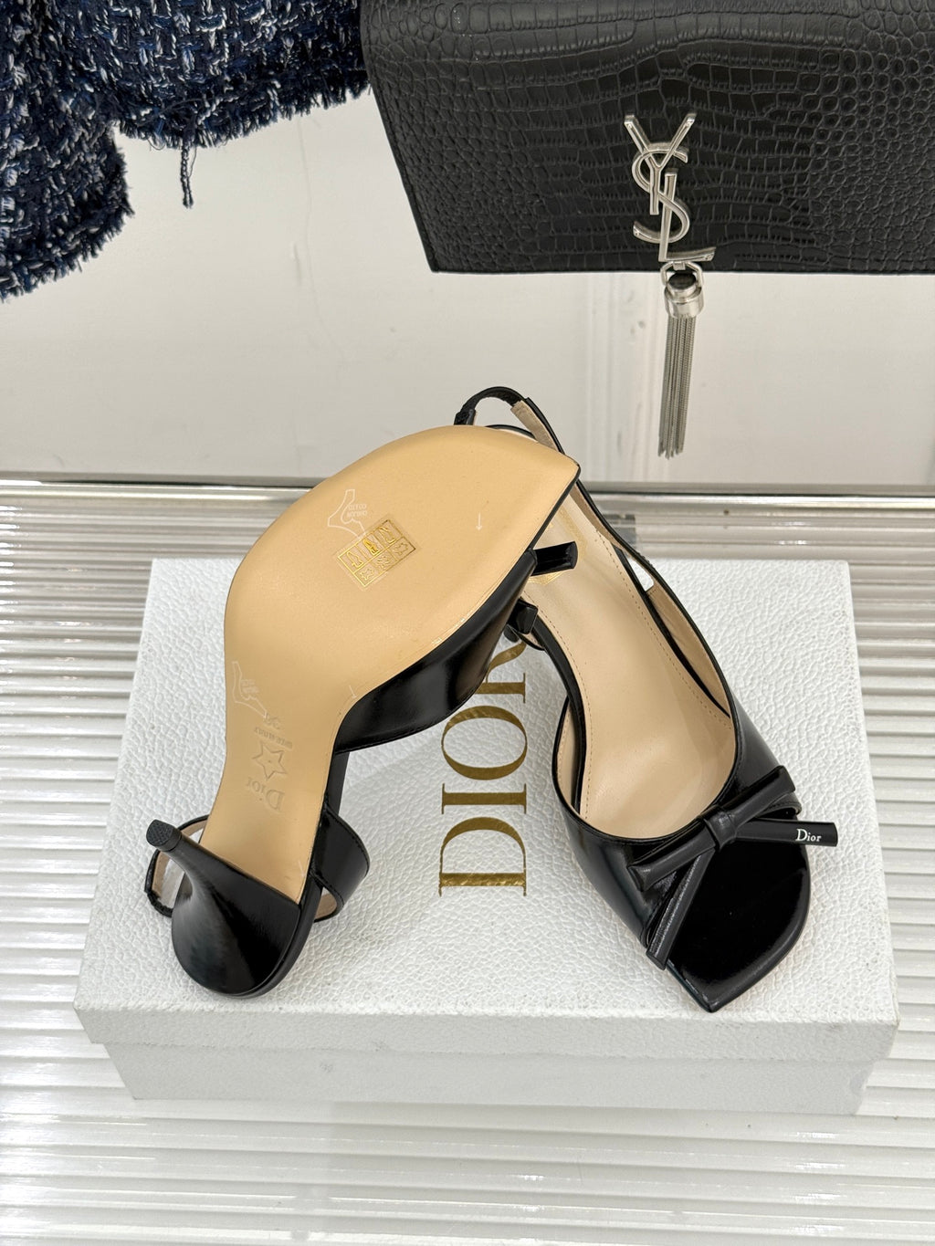 Dior black heeled sandals with beige soles and bow front, stiletto heel