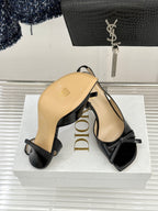 Dior black heeled sandals with beige soles and bow front, stiletto heel