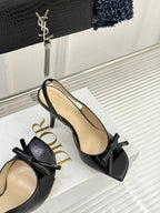 Dior black leather heeled sandals with bow front, stiletto heel and Dior logo tag