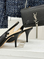 Dior black leather heeled sandals with bow front and slim stiletto heel