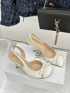 Dior ladies high-heel sandals on box, white open toe with bow ties and beige insoles
