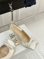 Dior ladies high-heel sandals, white slingback with bow, pointed toe, thin heel