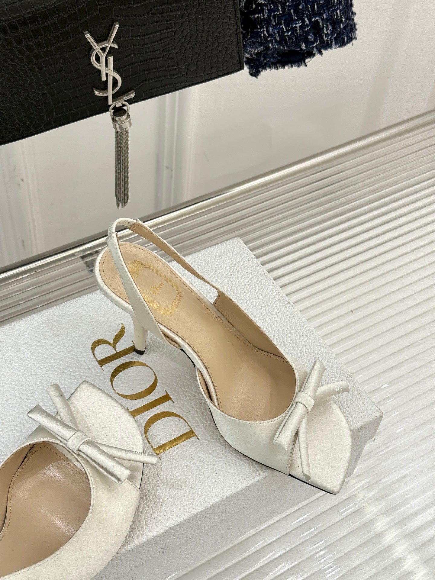 Dior ladies high-heel sandals, white slingback with bow, pointed toe, thin heel