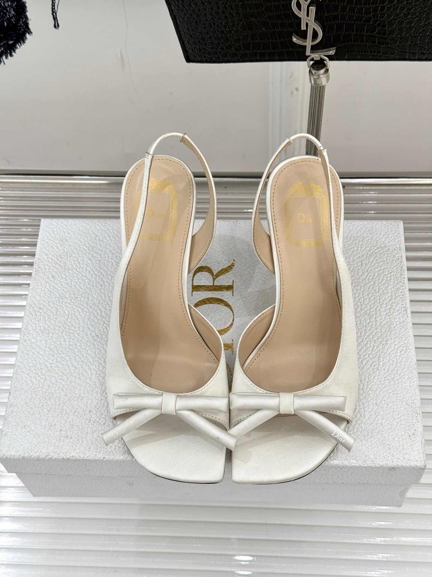 Dior ladies slingback sandals, white open toe with bow and stiletto heel
