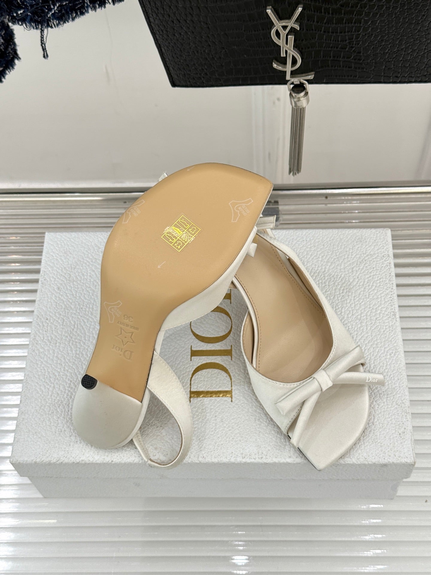 Dior ladies sandal soles and insoles, white open toe with bow slingback