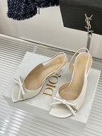Dior ladies high-heel sandals, white with ankle slingback, bow detail, leather sole