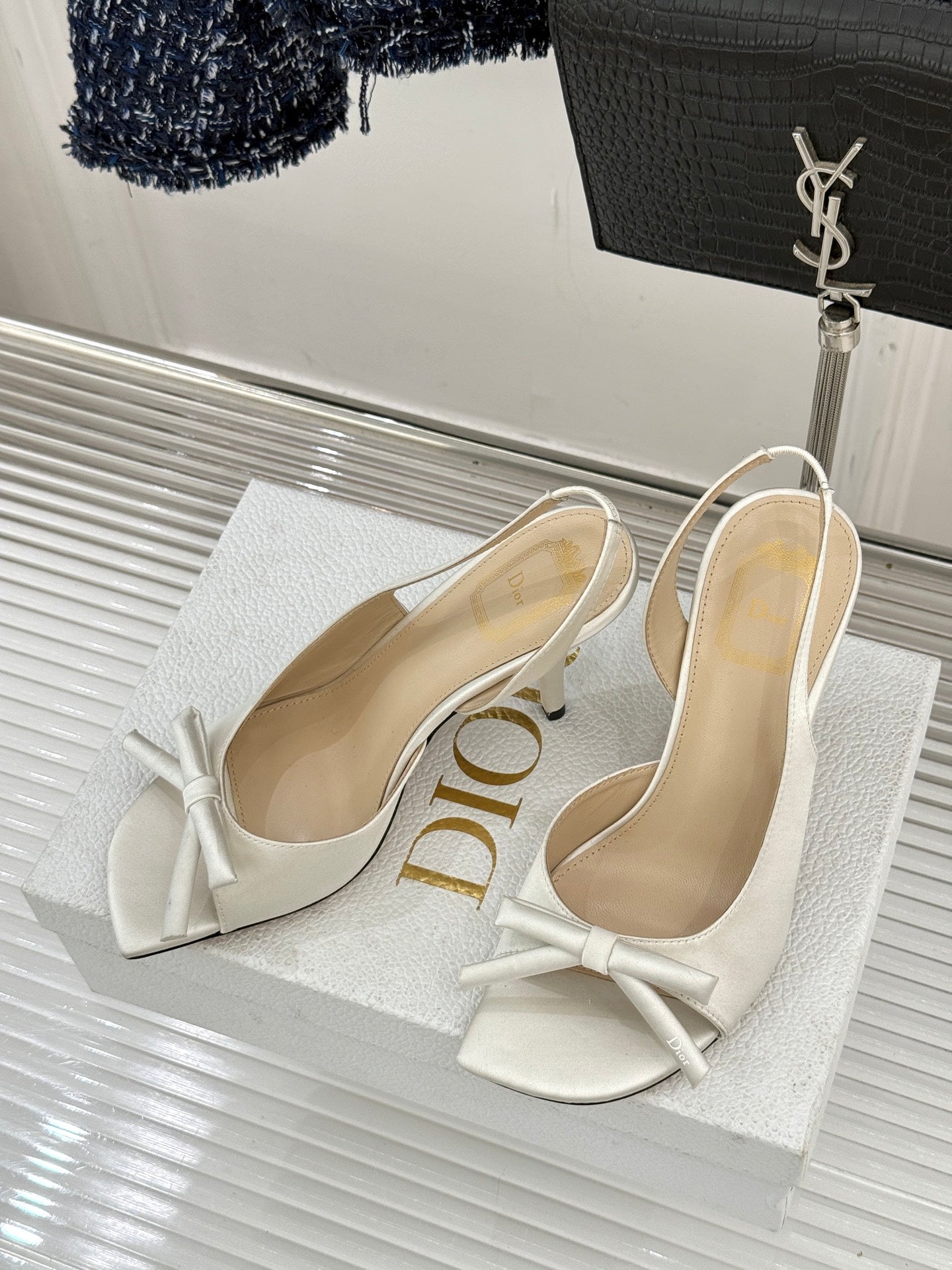 Dior ladies high-heel sandals, white with ankle slingback, bow detail, leather sole