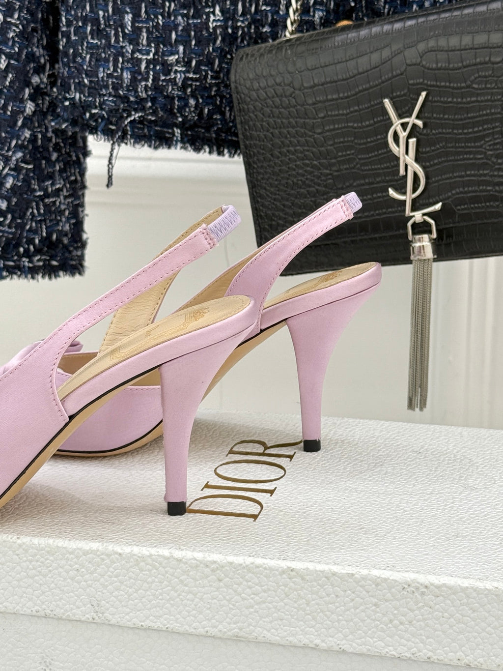 Lilac satin slingback pumps with bow, slim stiletto heel