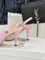 Lilac satin slingback pumps with bow, slim stiletto heel
