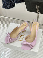 Lilac slingback pumps with knotted bow at front, Dior logo on lining