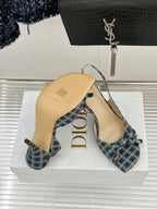 Dior blue plaid slingback heels with open toe and bow, on display box