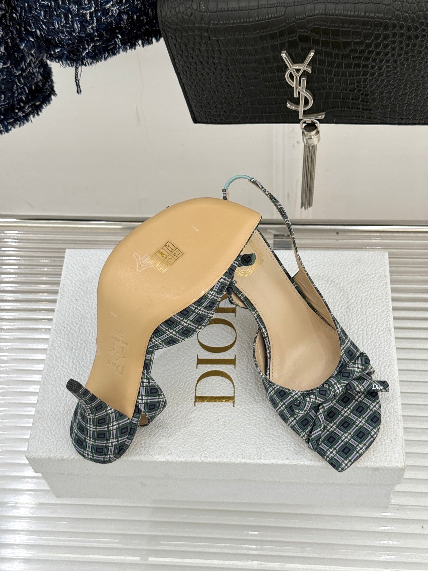 Dior blue plaid slingback heels with open toe and bow, on display box