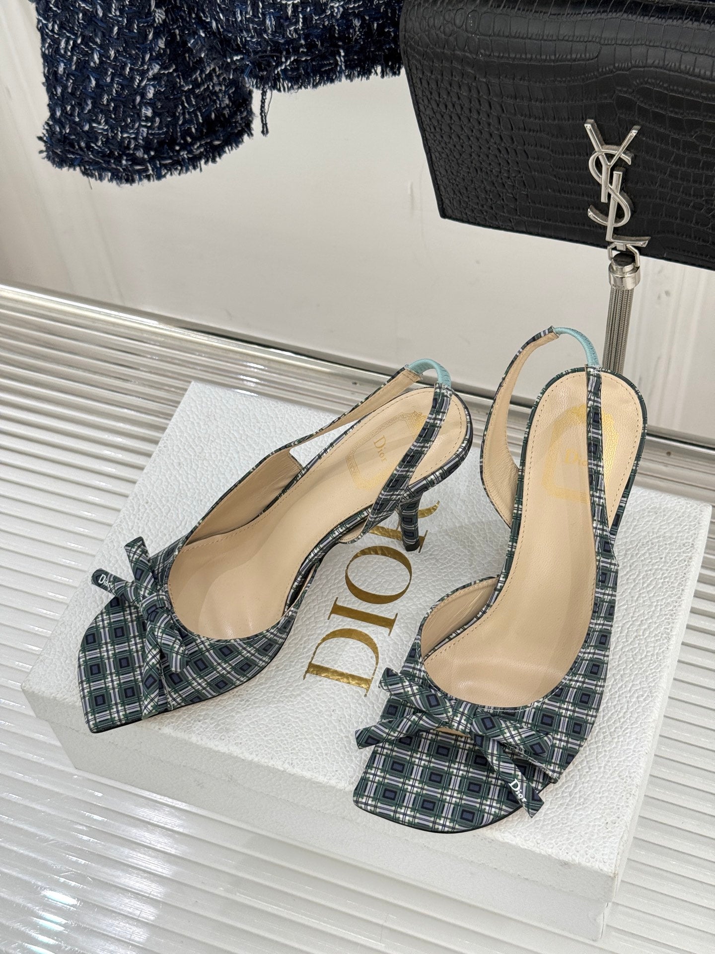 Pair of Dior blue plaid slingback heels with bow and stiletto heel