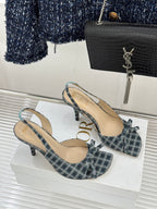 Dior blue plaid slingback heels with bow, pointed open toe