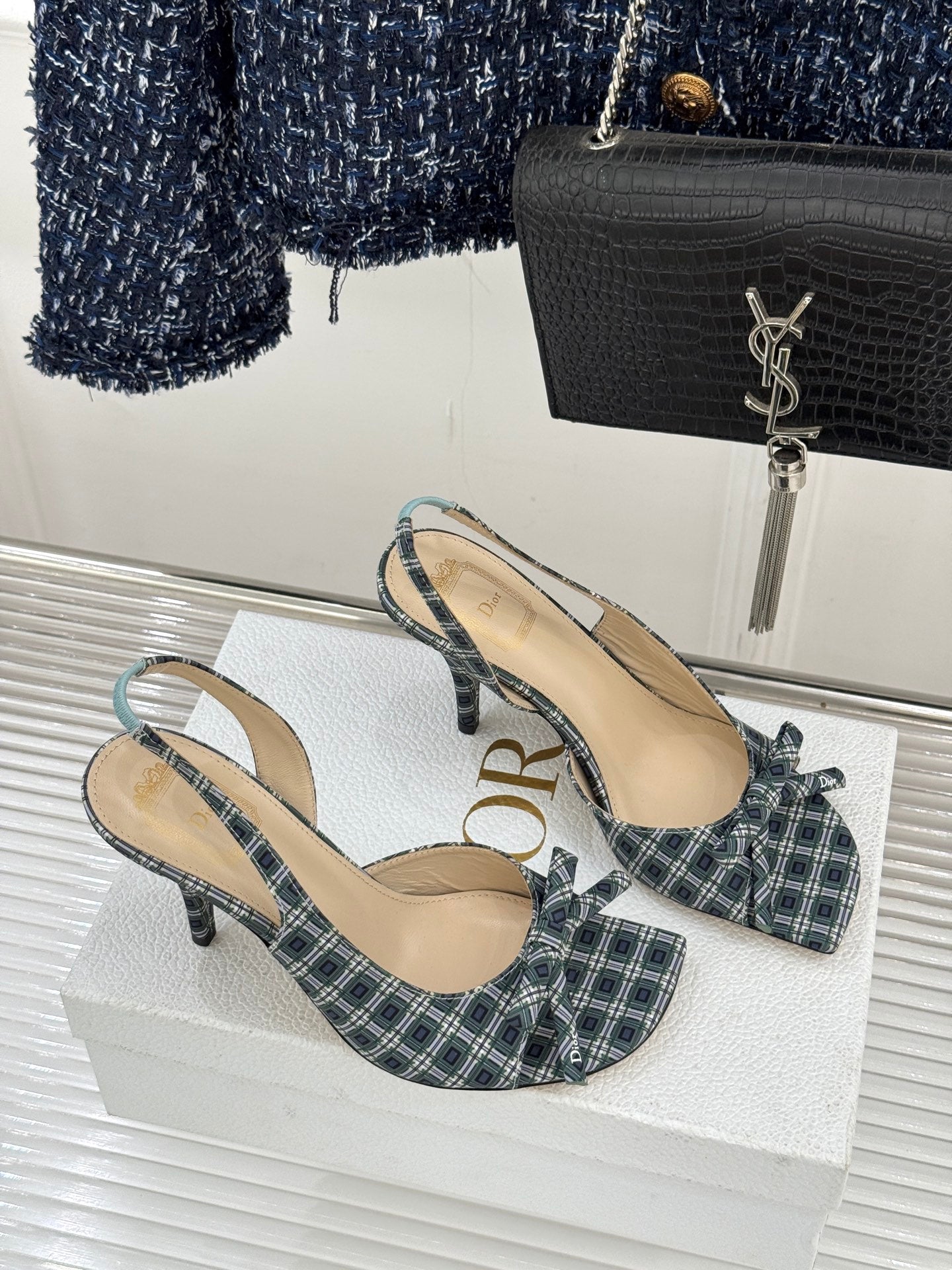 Dior blue plaid slingback heels with bow, pointed open toe