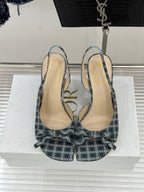 Dior blue plaid slingback heels with bow, open toe view